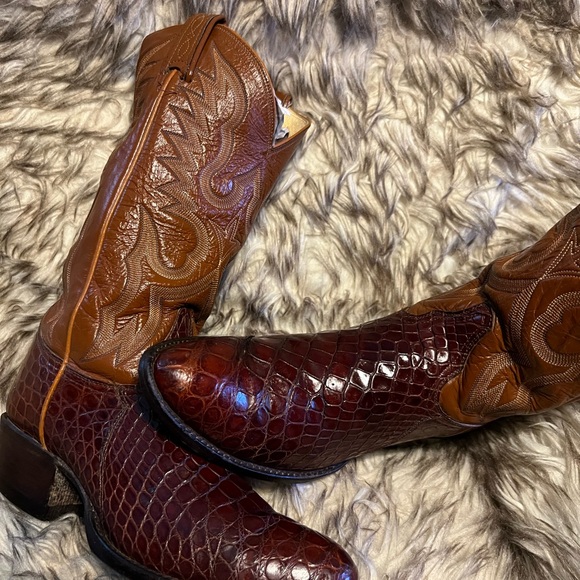 Tony Lama Rich Brown and Tan WesternCaiman & Leather Boots Sz 8.5 D